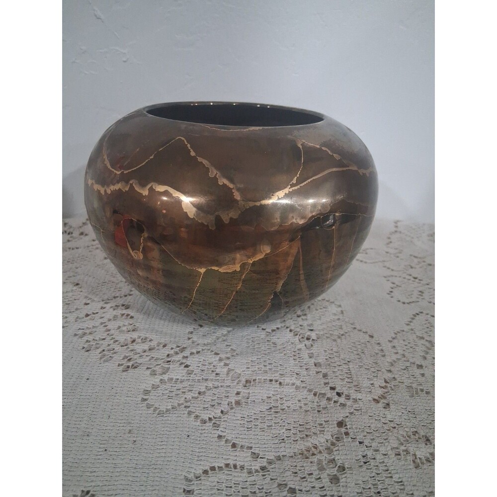 Vtg 90s Bruce Fairman Studio Pottery Ball Vase Copper Lustre Drip Glaze Signed